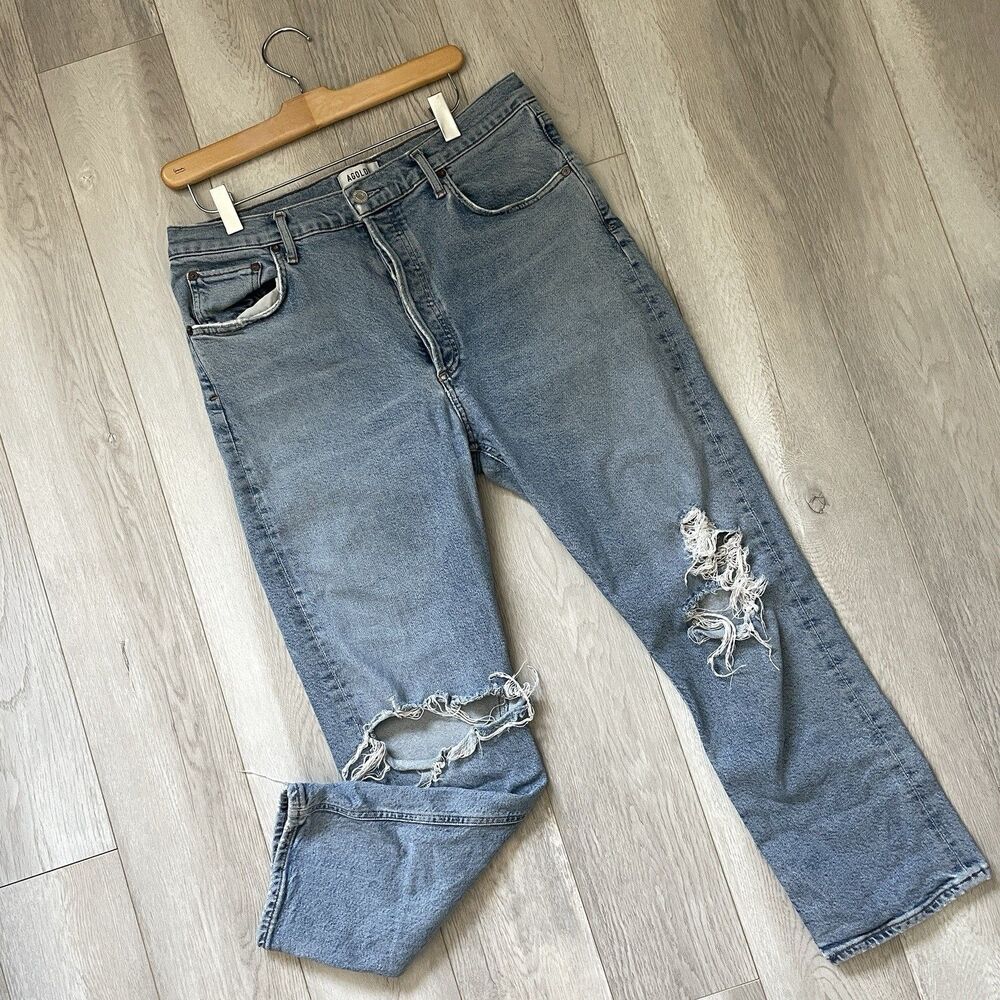Agolde Riley Jeans distressed crop straight leg denim womens Blue (size 32)